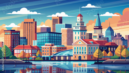 Very beautiful Erie, Pennsylvania downtown city skyline featuring modern and historic buildings, a calm waterfront atmosphere, and a clear, balanced composition ideal for stock-friendly artwork or vec