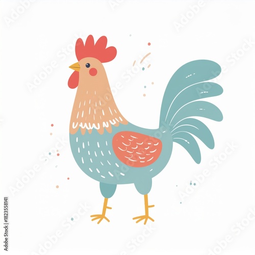 cartoon rooster, minimalist flat hand-drawn lines, muted pastel colors, kids illustration style, white background