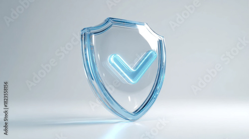 Glass shield icon with glowing blue checkmark representing cyber security and protection
