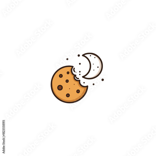 Whimsical moonlit snack time illustration featuring a partially eaten chocolate chip cookie