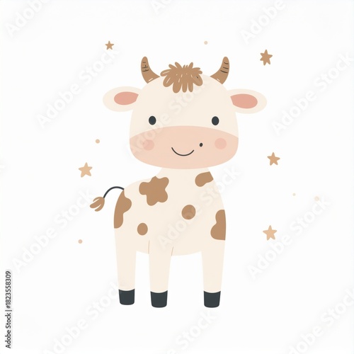 cartoon cow, minimalist flat hand-drawn lines, muted pastel colors, kids illustration style, white background