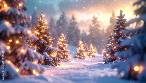 A cozy Christmas tree decoration scene under a snowy winter night sky in the forest