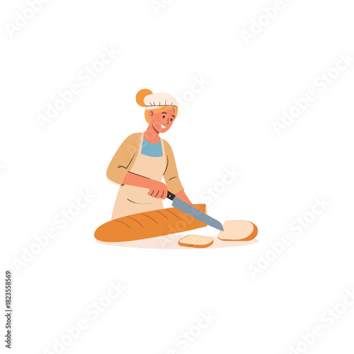 Woman chef character cutting fresh baguette bread with knife in professional kitchen artwork