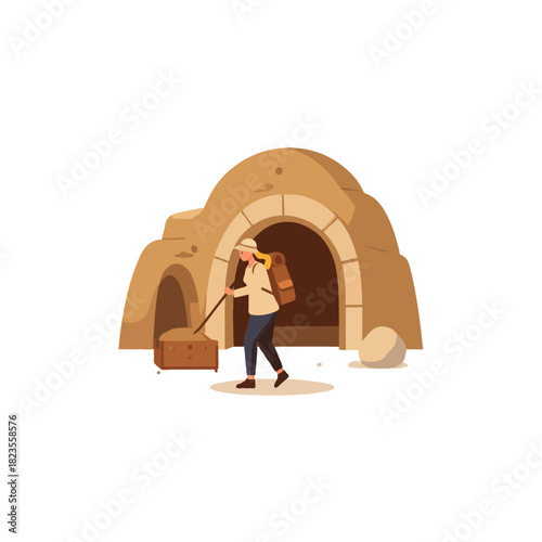 Woman carefully moving stone block at entrance of ancient cave during archaeological expedition