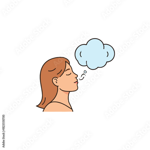 Woman exhaling stress into cloud of thoughts depicting calm mindfulness meditation and inner peace