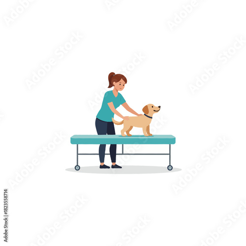 Woman giving affectionate care to a tan dog atop a specialized table for animal care or grooming