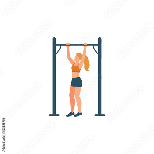 Woman performs exercises using a horizontal bar for strength training to improve physical fitness,