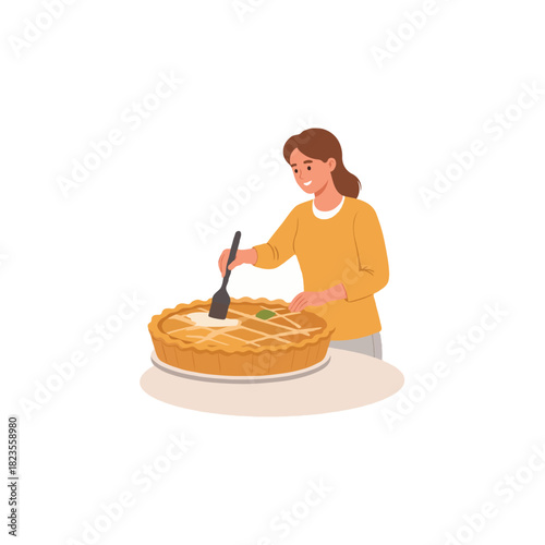 Woman preparing a golden homemade pie with lattice crust is a delectable culinary endeavor and