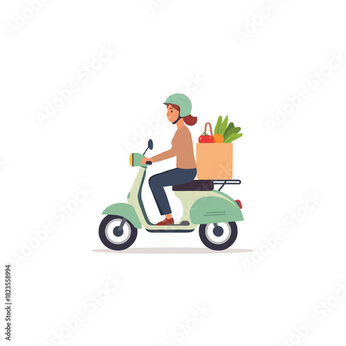 Woman riding a scooter with groceries shows independent living and responsible shopping in the