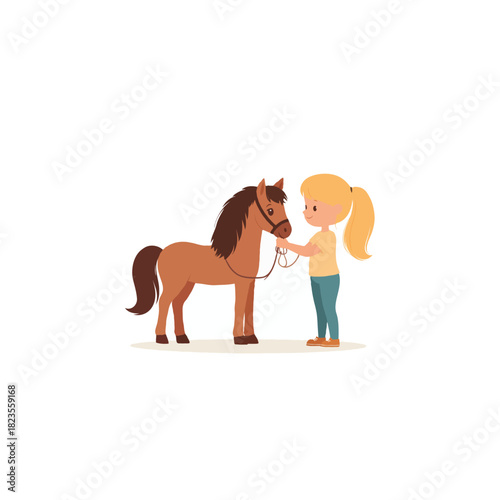 Young girl nurturing her charming pony, a delightful moment of connection and companionship