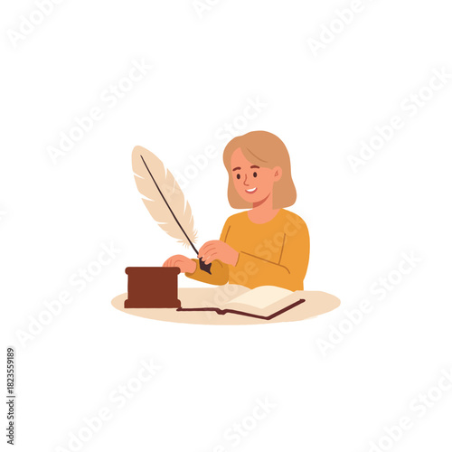 Young lady creating literature with a feather pen in an age-old inkwell writing her thoughts into