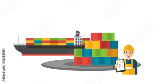 Shipping inspector checking cargo containers by a cargo ship ensuring efficient global trade perfect for illustrating importexport business  logistics