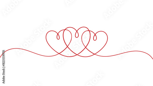 Continuous line art drawing of three interconnected red hearts, symbolizing love, connection, and romance