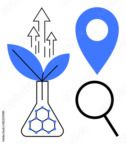 Laboratory flask with growing leaves and arrows for progress, location pin, and magnifying glass. Ideal for growth, research, innovation, sustainability, exploration science discovery. Simple flat