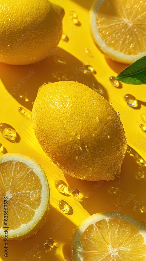 Fototapeta premium Fresh yuzu fruit with water droplets, citrus background, close-up macro