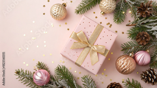 Christmas concept. stylish gift boxes with ribbon bows fir branches in frost gold pink baubles balls pine cone ornaments and confetti on isolated light pink background with copyspace