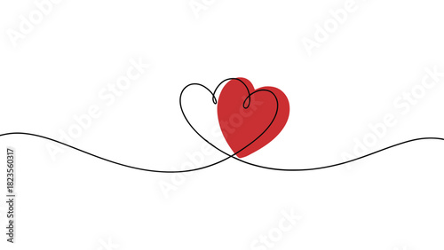 Continuous line drawing of two hearts, one outlined in black and the other filled in red, symbolizing love, connection, and romance