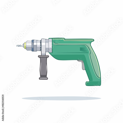 Green Electric Drill: Tool with Drill Bit and Handle, Repair and Construction Equipment