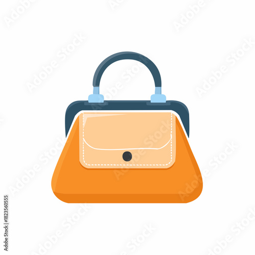 Stylish handbag with dark blue frame and handle features a light peach flap over bright orange body