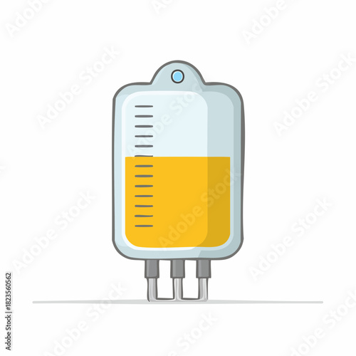 Cartoon IV bag with yellow liquid and measurement lines, medical fluid infusion container