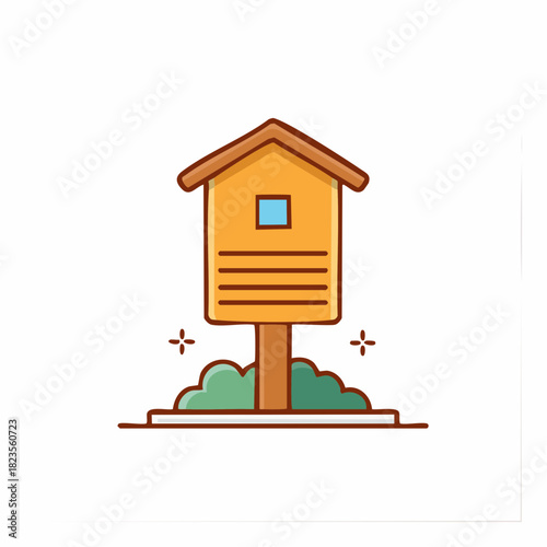 Cute wooden birdhouse icon in a garden bush vector illustration