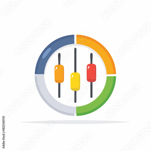 Colorful graphic equalizer sliders with adjustment handles inside a segmented circle icon illustrating sound or data control