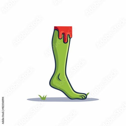 Cartoon illustration of a severed green zombie leg with dripping blood for Halloween