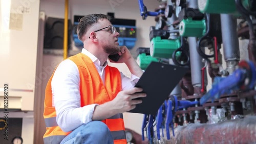 Industrial setting. Engineer communicates on phone, clipboard in hand. Inspecting complex pipes, valves, gauges with focus. Problem solving, diligent work, concern for operational efficiency evident.