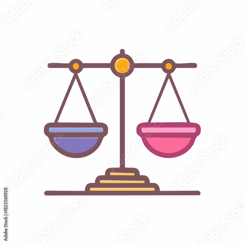 Illustration of colorful balance scale with purple and pink weighing trays, concept