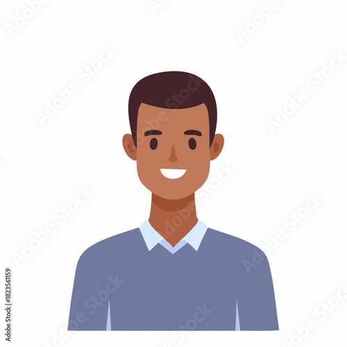Illustration of a smiling African American man in a blue sweater and collared shirt