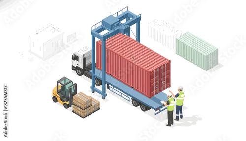 Isometric illustration of two warehouse workers loading a red shipping container with a forklift and cargo in a logistics setting.