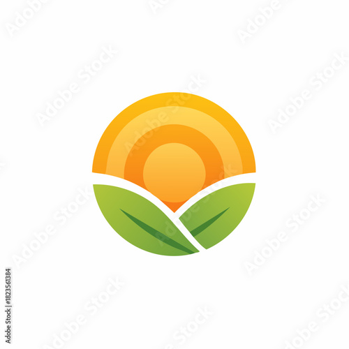 Abstract Sun Above Green Leaf Circle, Fresh Organic Concept Icon