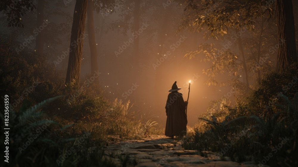 Fototapeta premium Mysterious Wizard Wearing Cloak and Hat Walking Through Forest at Night with Lantern in Misty Atmosphere