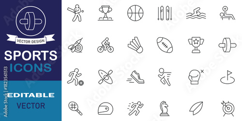 Sports icons pack expressing, competition, game, activity, basketball, soccer, kickball, football, training, bodybuilding, snowmobile sport, rafting and more. Set of flat sign and symbol collection.
