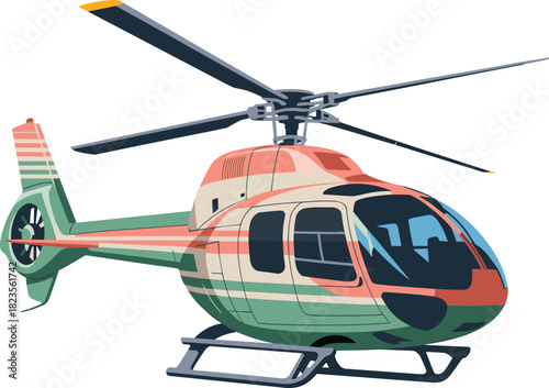 Modern colorful helicopter isolated vector illustration, detailed aviation aircraft design, transportation vehicle graphic, emergency rescue chopper artwork for professional stock use