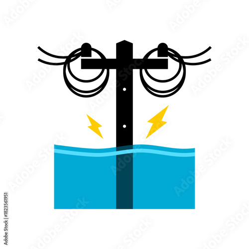 Flooding of electric pole cause danger electrocution risk icon flat vector design
