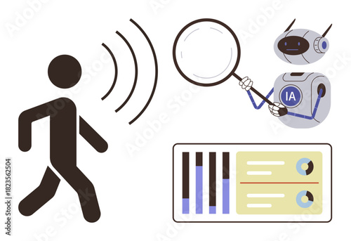 Person emitting signal waves, AI robot with magnifying glass examining data charts and insights. Ideal for AI, machine learning, data analysis, automation, technology, human behavior studies