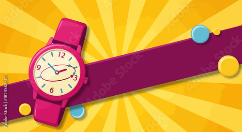 Pink Wristwatch on a Purple Stripe with Colorful Accents.