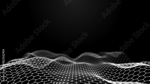 Abstract wave. Interweaving of dots and lines on a black background. Big data. 3D rendering.