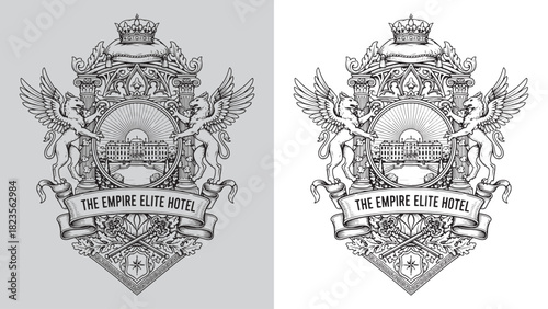 The Empire Elite Hotel Palace Emblem Crest with Winged Lions, Crown, and Landscape View