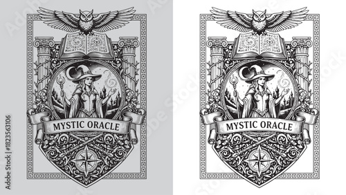Mystic Oracle Wizardress Emblem on a Classic Engraved Crest with Owl and Magical Book