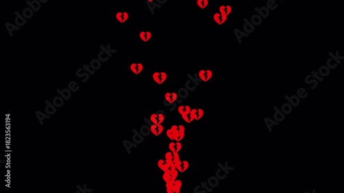 Broken red heart emojis float upward with an alpha channel, creating an emotional and dramatic animation perfect for sadness or heartbreak scenes.