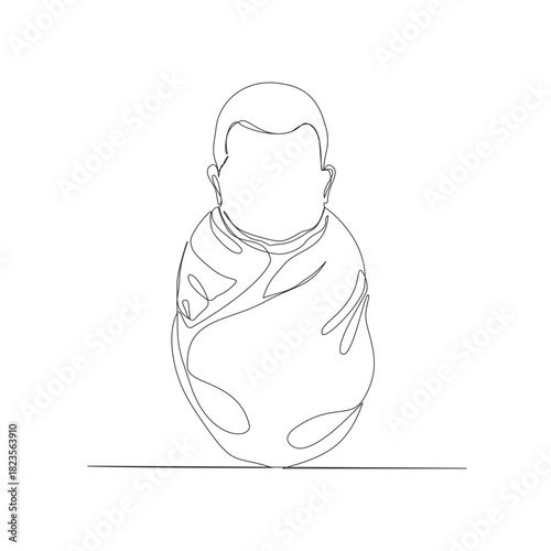 A continuous one-line drawing illustration of a peaceful newborn baby, swaddled tightly in a blanket