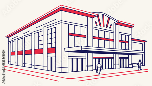 Illustration of a Convention Center Building with a Person Walking