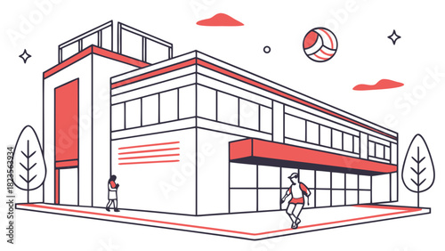 Minimalist tennis court building with a player in motion outdoors