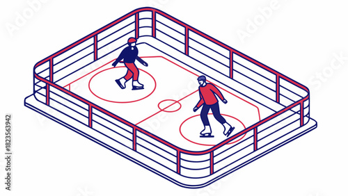 Two people ice skating on an ice rink during winter