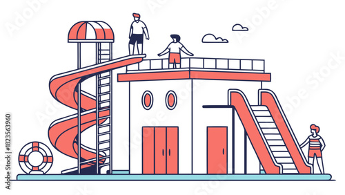 People on a swimming pool complex building with slides