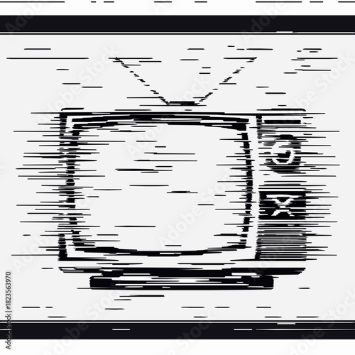 Stylized black and white illustration of an old television with horizontal static lines retro vintage
