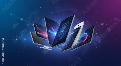 Collection of modern digital electronic devices like smartphone, tablet, and laptop floating in a futuristic blue and purple digital space