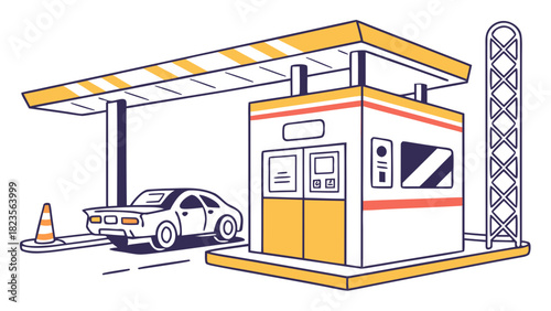 Illustration of Toll Booth with Car on the Road